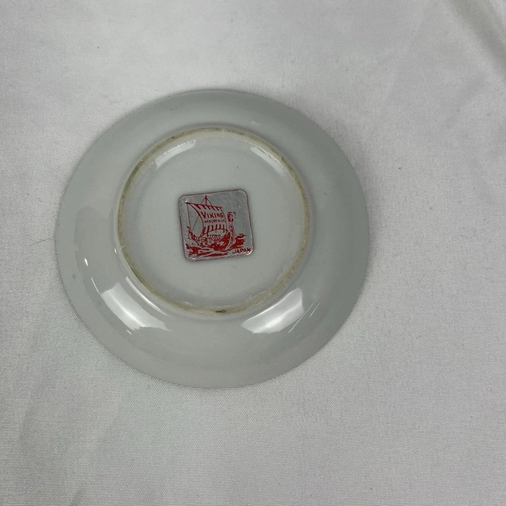 Vintage Viking Import Japan Floral Trinket Dish Blue Enamel Gold Rim Flowers 60s